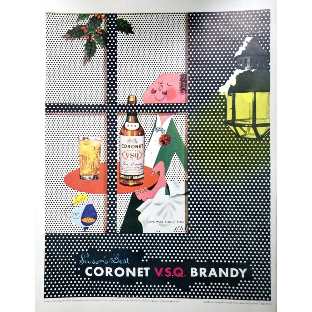 PRINT AD 1943 Coronet VSQ Brandy Christmas Dots Window Holly Art 10.5x13